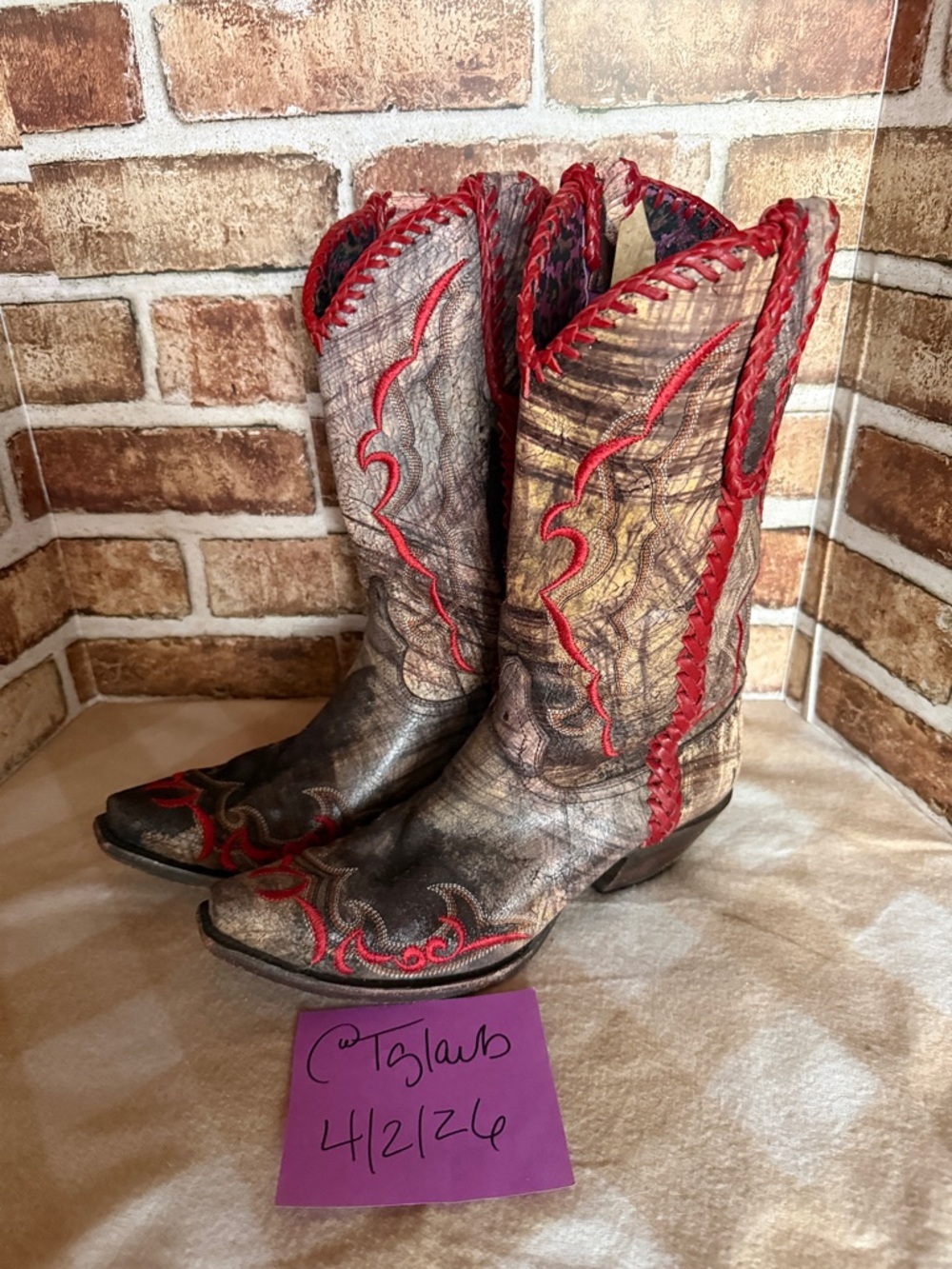 Red Trim Brown Distressed Western boots by Lucchese charlie 1 horse